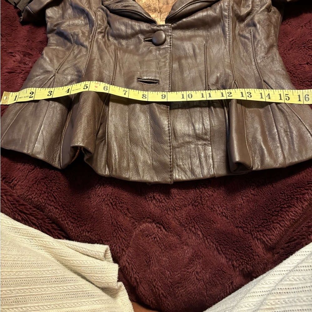 Arden B Brown Vintage Leather Fitted Waist Blazer Top with Ruffled Collar. - Picture 14 of 16